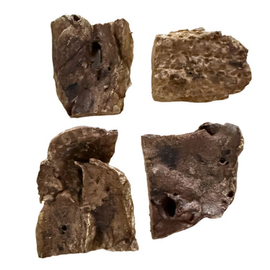 Four pieces of Buffalo Lung Steak Jerky on a white background