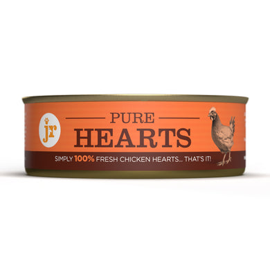 Can of Pure Hearts chicken hearts on a white background