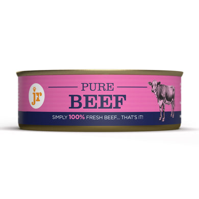 Can of pure beef with pink label on a white background