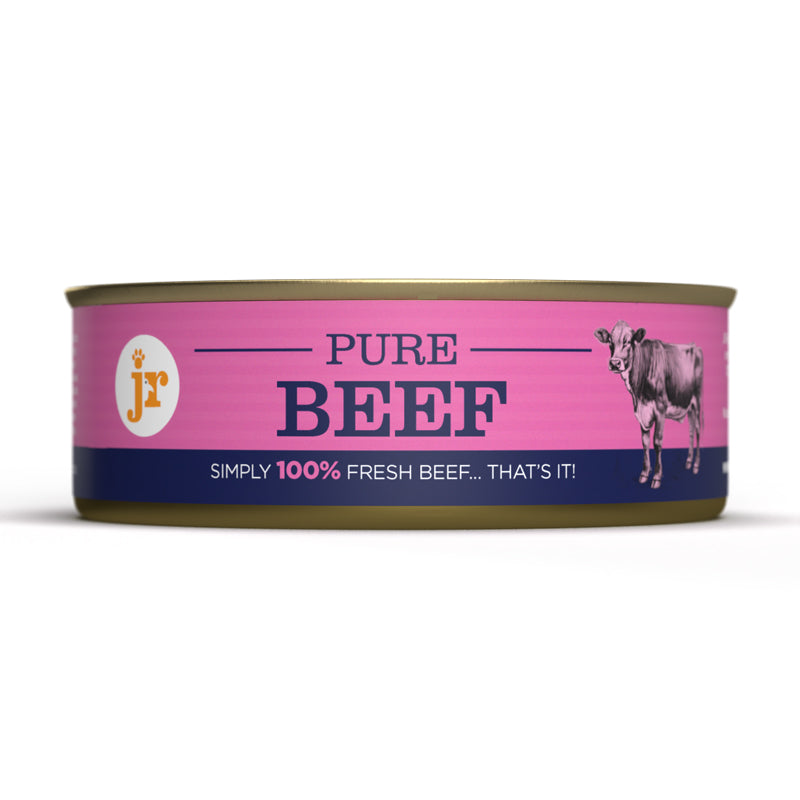 Can of pure beef with pink label on a white background