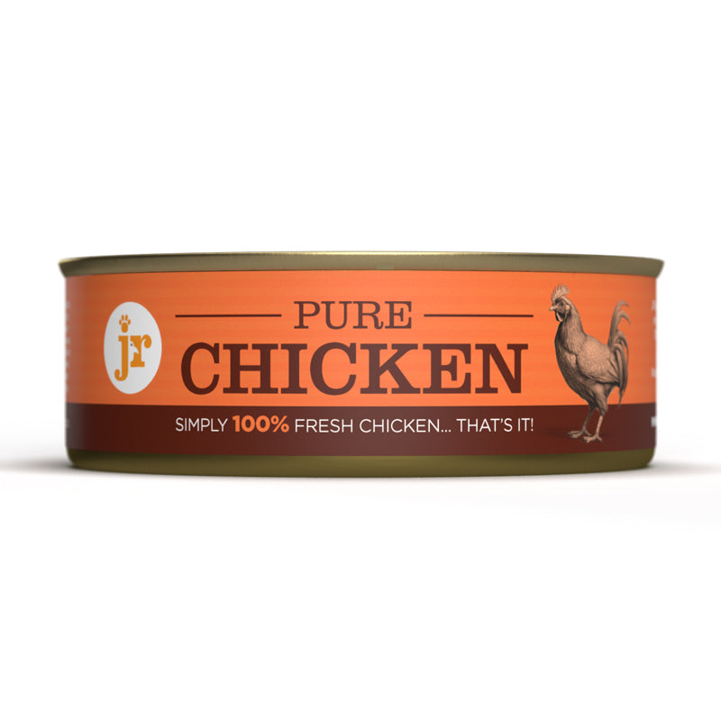 Can of pure chicken food with a label on a white background