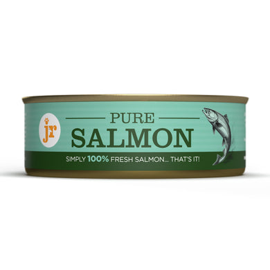 Can of pure salmon with a green label on a white background