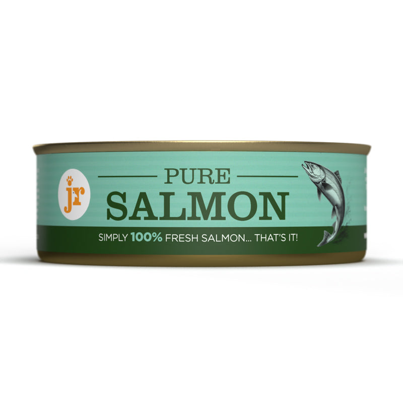 Can of pure salmon with a green label on a white background
