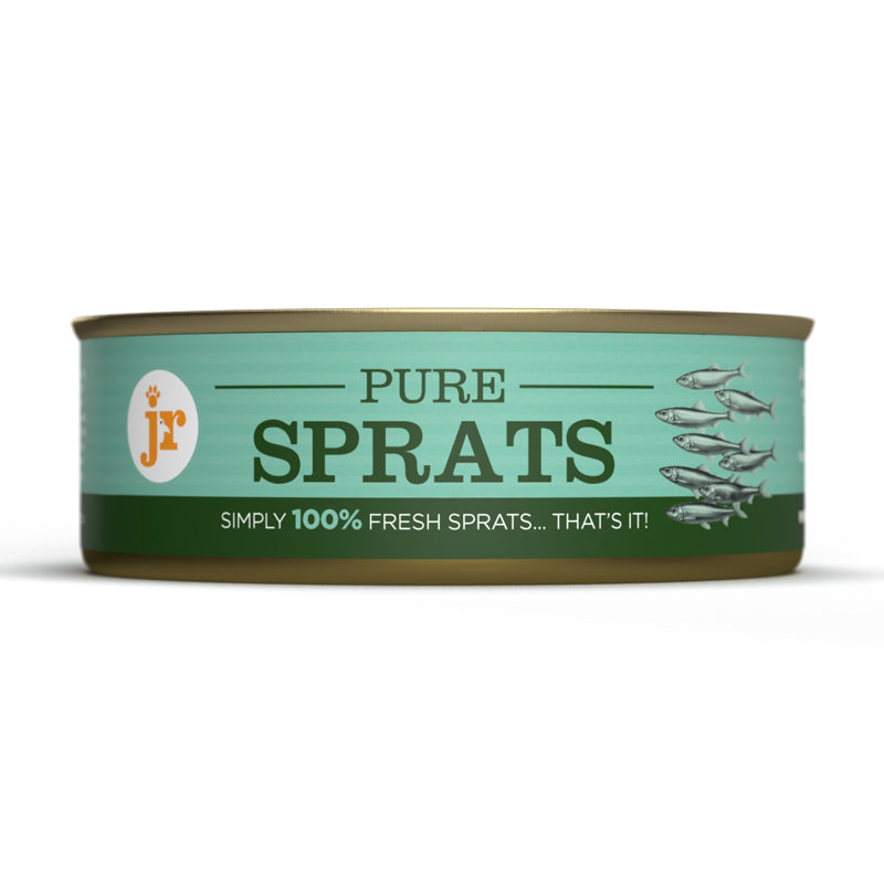 Can of pure sprats with a green label on a white background