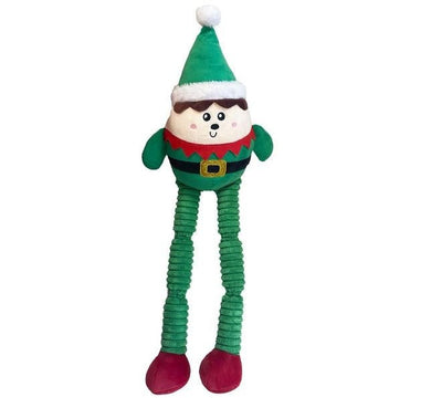 A squeaky dog toy designed to look like an elf with green legs, a white and red hat, and a green face.