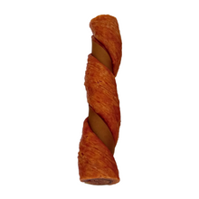 Load image into Gallery viewer, Three twisted dog chew treats with a golden-brown outer layer and a tan inner core, arranged vertically on a plain white background.
