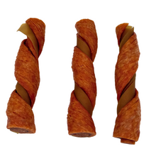 Load image into Gallery viewer, Three twisted dog chew treats with a golden-brown outer layer and a tan inner core, arranged vertically on a plain white background.
