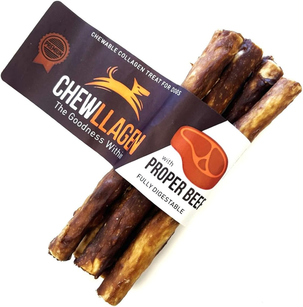 Packaging of Chewllagen Beef Mini Roll treats displaying the product and its name, along with the brand tagline 'The Goodness With The Bones'.