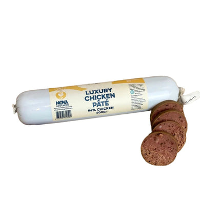 Packaging of Nova Luxury Chicken Pate with several slices of the pate displayed in front.