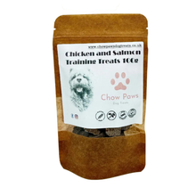 Load image into Gallery viewer, Brown package of Chicken and Salmon Training Treats with a label on a white background
