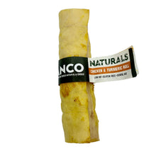 Load image into Gallery viewer, Rolled-up Chicken turmeric roll with 'Nico' and 'Naturals' labels on a white background
