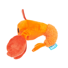 Load image into Gallery viewer, An orange and red plush toy shaped like a lobster, featuring a textured orange body, a red claw, and a small blue tag with the brand name BARK.
