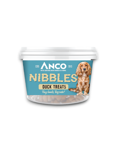 Container of Anco Nibbles Duck Treats for dogs on a white background