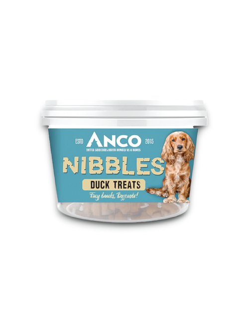 Container of Anco Nibbles Duck Treats for dogs on a white background