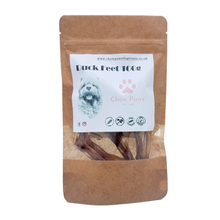 Load image into Gallery viewer, Dog treat package labeled 'Duck Feet 100g' by Chow Paws on a white background
