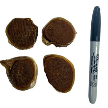 Load image into Gallery viewer, Four round brown Duck Stuffed Beef Gullet Rings
