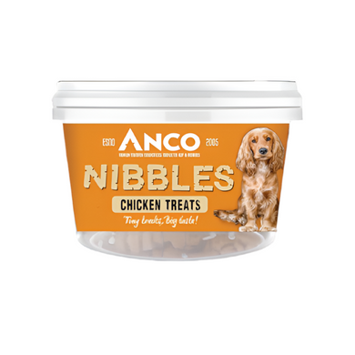 Anco Nibbles Chicken Treats container on a white background
