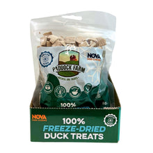 Load image into Gallery viewer, Packaging of Paddock Farm freeze-dried duck treats with visible branding on a white background
