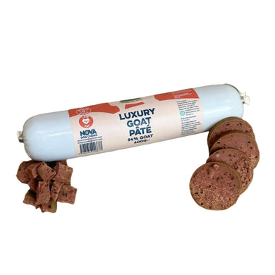 A tube of Nova Luxury Goat Pate alongside several cubes of the pate, designed as a dog treat.