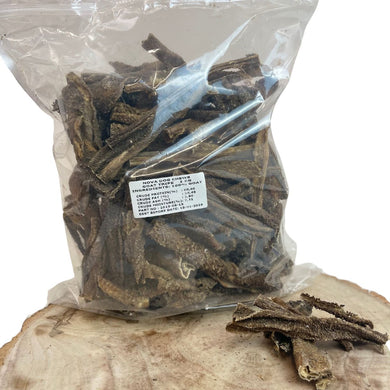 A packaged product of Nova Goat Tripe 1kg, showing dried goat tripe treats in a clear plastic bag with a white label, a few pieces are visible outside the bag.
