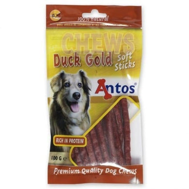 Package of Antos Duck Gold Soft Sticks dog chews with a dog on the label.