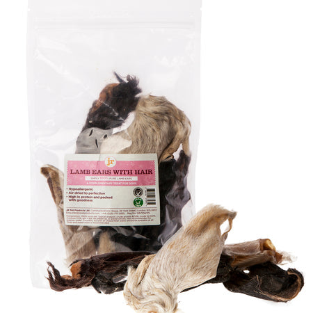 Packaged lamb ears with hair attached, displayed in front of a transparent packaging.
