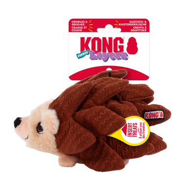 Hedgehog-shaped KONG toy with packaging on a white background