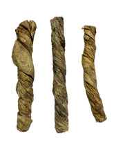 Load image into Gallery viewer, Three Twisted beef bladder dog treat on a white background
