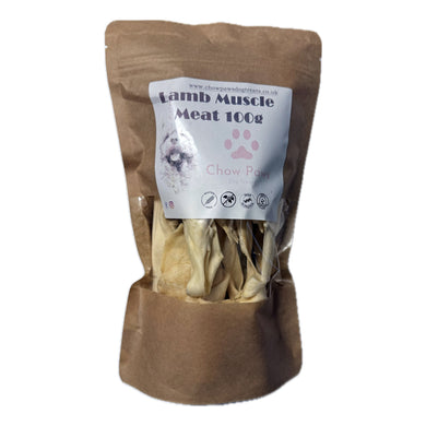 Bag of lamb muscle meat treats with a label on a white background