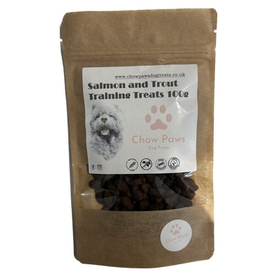 Dog training treats package with 'Chow Paws' branding on a white background