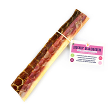 Load image into Gallery viewer, Beef rasher treat with a label on a white background

