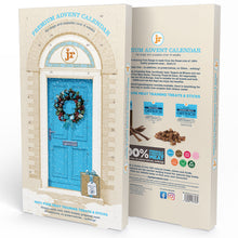 Load image into Gallery viewer, A boxed premium advent calendar product shown from the front and back. The box features a cream brick-patterned background with a bright blue door illustration, a wreath, and branding for 'JF'.
