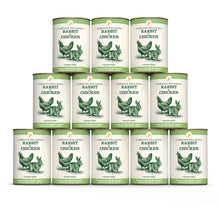 Load image into Gallery viewer, Multiple cans of Complete Wellbeing Rabbit &amp; Chicken food on a white background
