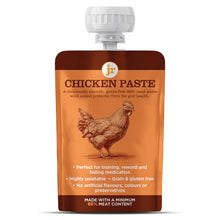 Load image into Gallery viewer, A stand-up pouch of JR Chicken Paste, featuring a brown and orange label with a graphic of a chicken and white text, topped with a white ribbed cap, on a plain white background.
