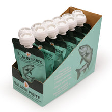 Load image into Gallery viewer, A cardboard display box holding multiple salmon paste pouches, photographed on a clean white background. The pouches are dark green with white caps and printed salmon illustrations and product text.
