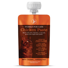 Load image into Gallery viewer, A single cat treat pouch labeled 'Purely For Cats Chicken Paste' with a white cap, shown on a plain white background. The package is orange and dark brown with a cat illustration and product text.
