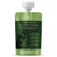 Load image into Gallery viewer, A green stand-up pouch of JR Purely for Cats Rabbit Paste, featuring a white cap and a dark green label with a cat illustration and product text.
