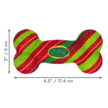 Load image into Gallery viewer, Red and green striped dog toy with dimensions on a white background
