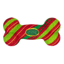 Load image into Gallery viewer, Red and green striped bone-shaped toy with a visible brand logo on a white background
