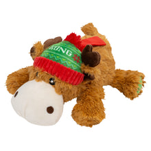 Load image into Gallery viewer, Plush toy reindeer wearing a green and red hat on a white background
