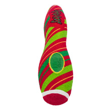 Load image into Gallery viewer, A KONG Christmas Holiday AirDog Squeaker Stick Stripe Large with a festive Christmas design, featuring diagonal stripes of red and green with thin yellow outlines, a green oval patch in the center, 
