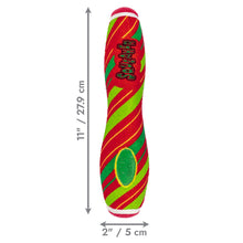 Load image into Gallery viewer, A red and green striped dog toy with white trim, shown with dimension arrows indicating a height of 11 inches (27.9 cm) and a width of 2 inches (5 cm).
