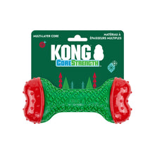 Load image into Gallery viewer, Kong CoreStrength dog toy in a bone shape, featuring a textured green center and red textured ends, attached to its dark green cardboard packaging card.
