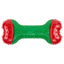 Load image into Gallery viewer, A green and red Kong dog toy shaped like a bone, featuring a textured green center with embossed lettering and red textured ends, shown on a plain white background.
