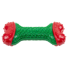 Load image into Gallery viewer, A green and red Kong dog toy shaped like a bone, featuring a textured green center and red textured ends, shown on a plain white background.
