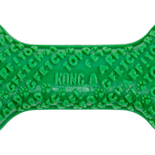 Load image into Gallery viewer, A bright green bone-shaped dog toy with raised textured letters spelling out words like FETCH, KONG, and PUPPY, shown on a plain white background.
