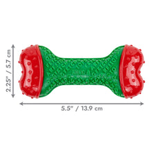 Load image into Gallery viewer, A KONG PETA dog toy shown on a white background with dimension arrows and labels indicating a length of 5.5 inches (13.

