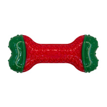 Load image into Gallery viewer, A red and green bone-shaped dog toy with a textured surface and ridged ends, shown against a plain white background.
