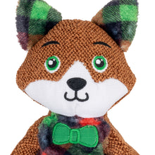 Load image into Gallery viewer, Plush toy fox with green bow tie and tartan pattern on a white background
