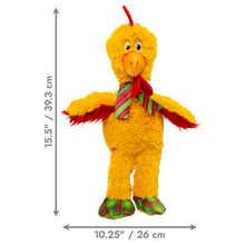 Load image into Gallery viewer, Yellow plush bird toy with red wings, a red neck bow, green striped scarf, and green plaid feet, shown on a white background with dimension arrows and measurements 15.5" / 39.
